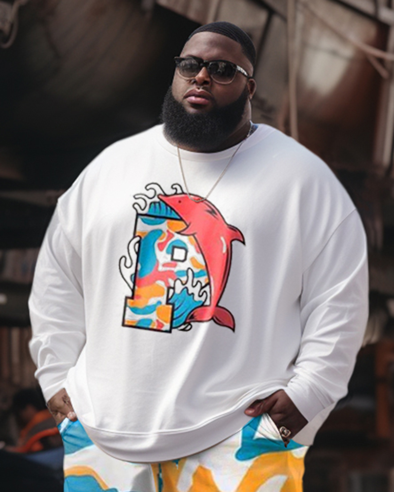 Men's  Plus Size Camouflage Shark Sweatershirt Two-Piece Set