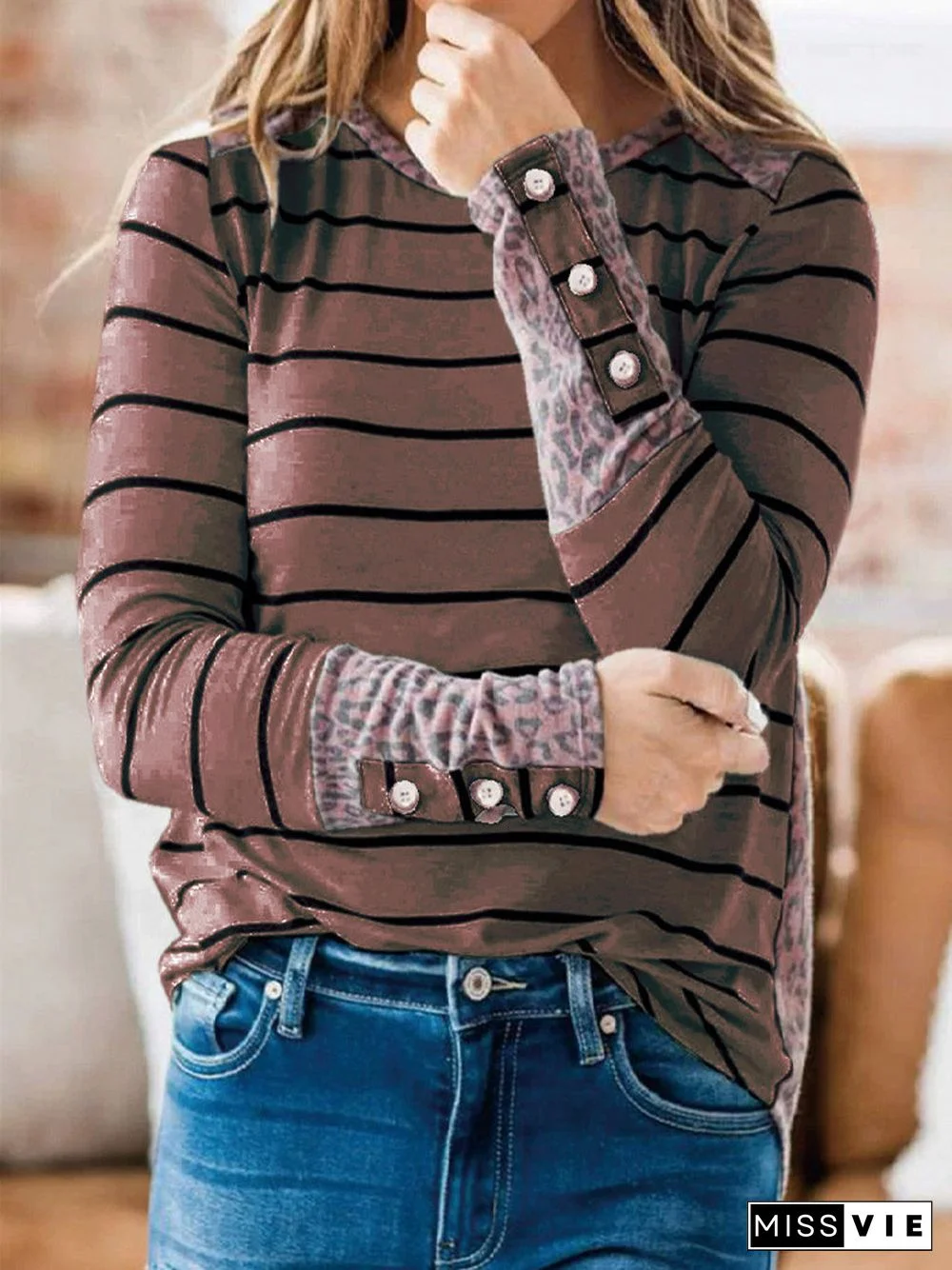 Women's Striped Long Sleeve Scoop Neck Tops