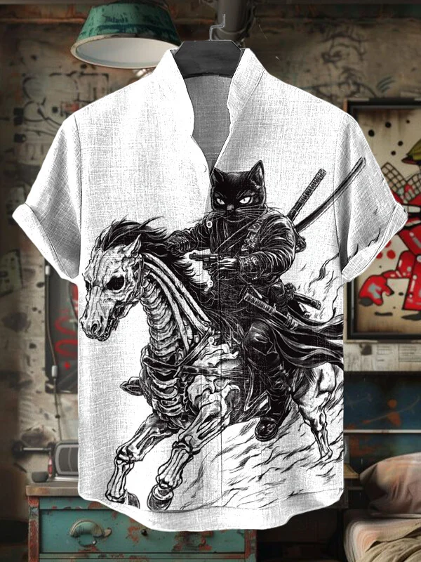 Men's Japanese Black Cat Swordsman Horse Skeleton Print Short Sleeve Shirt
