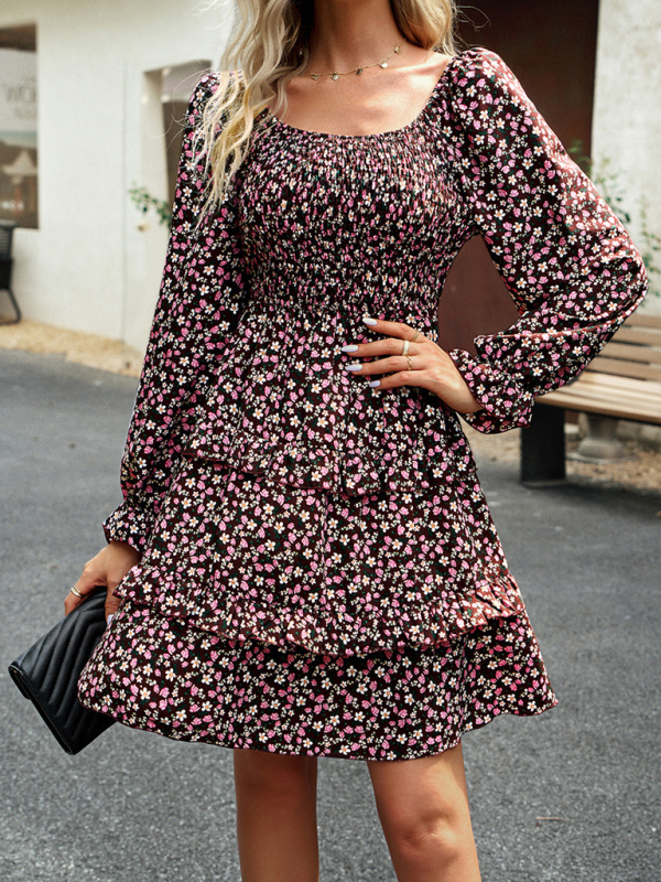 Mature Women Casual Summer New Elegant Square Neck Skirt Floral Dress