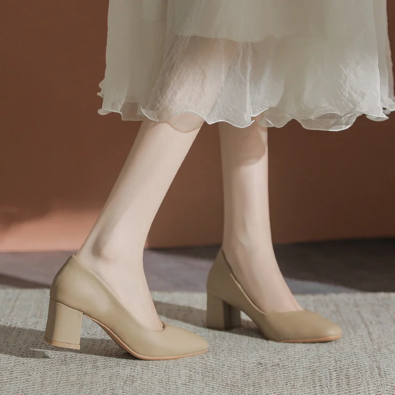Uveng Uveng Bare-Colored High-Heeled Women's French Temperament Spring Small Square Head Coarse Working Shoes With Skirt Soft Leather Single Shoes