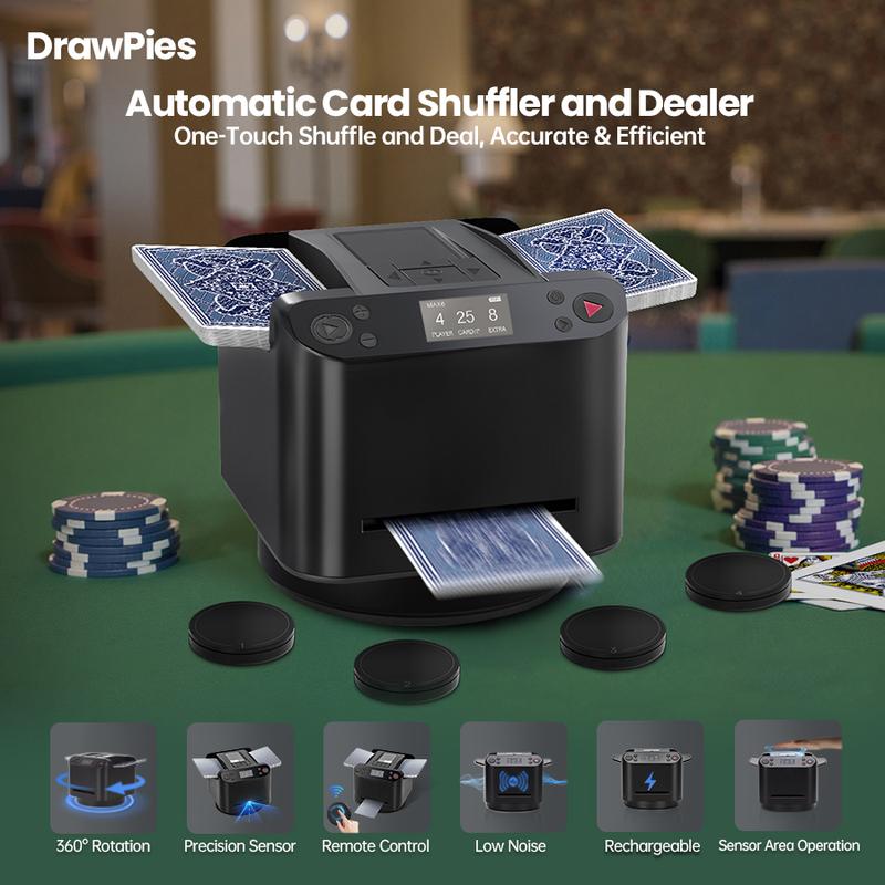 Product Introduction of DrawPies 2-in-1 Automatic Card Shuffler &Dealer 4 Drawing Remotes adjustable Dealing Distance for Poker night UNO Phase 10 Board Games & More 10
