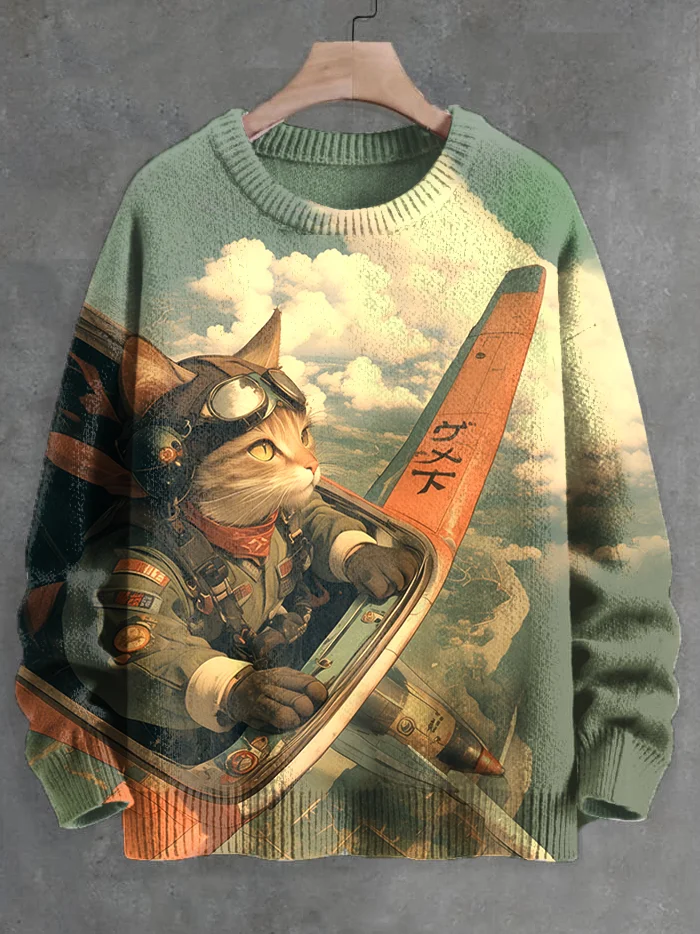 Men's Retro Nostalgic Cat Pilot Art Knit Sweatshirt