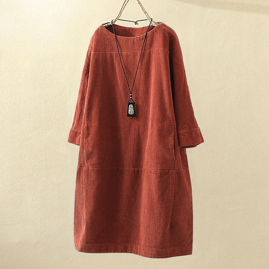 Women Vintage Pockets Corduroy Solid Color Long Sleeve Loose Casual Dress