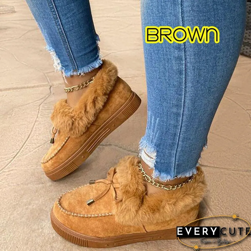 Fashion Womens Bowknot Suede Faux Fur Moccasin Shoes Casual Warm Comfortable Lightweight