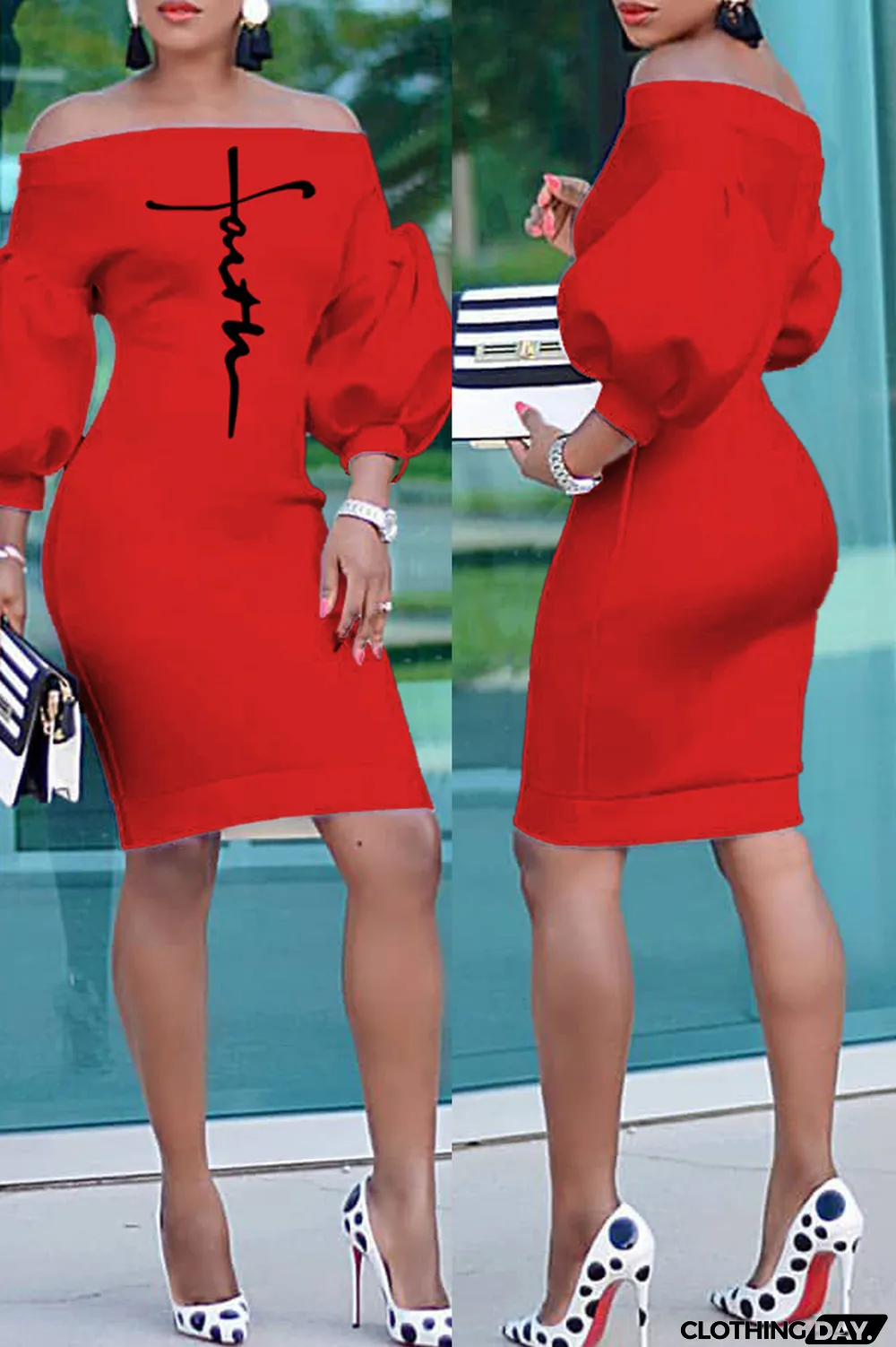 Red Fashion Casual Print Backless Off the Shoulder Dresses