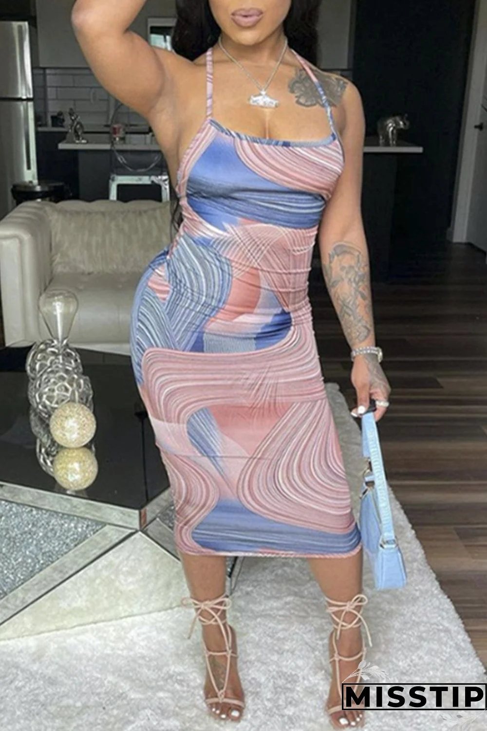 Light Blue Fashion Sexy Print Backless Spaghetti Strap Sleeveless Dress Dresses