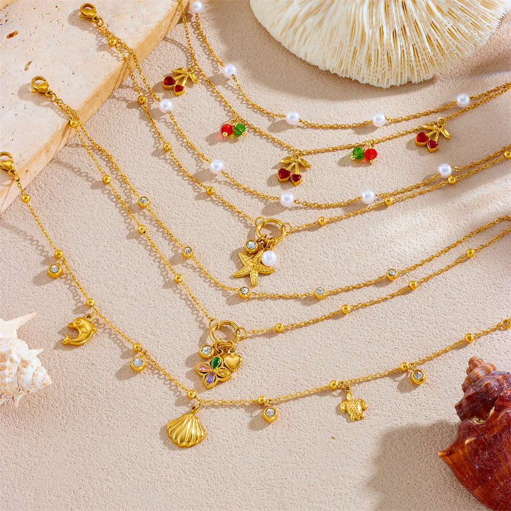 Korean Style Fashion Stacking Double Chain Diamond Cherry Starfish Flower Star Moon Pendant Stainless Steel Anklet Female