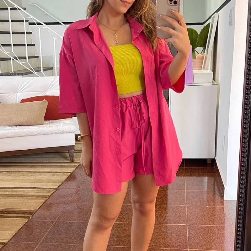 Casual Lace Short Sleeve Summer Set Women Loose Button Two-Piece Sport Sets Elastic Waist