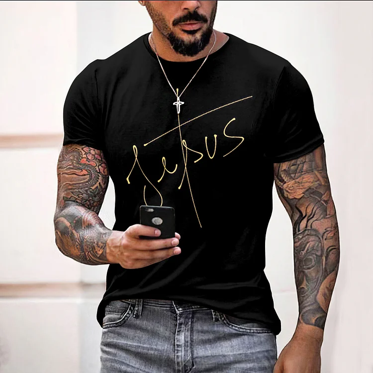 BrosWear Fashion Black Faith Jesus Print Short Sleeve T Shirt