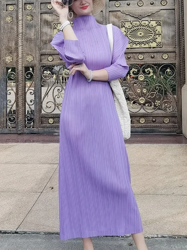 Original Creation Loose Long Sleeves Pleated Solid Color High-Neck Midi Dresses