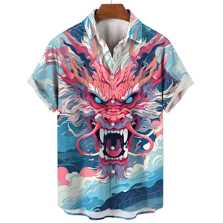 Traceeye Chinese Dragon Lapel Shirt 3D Printed Men/Women Casual Fashion Short Sleeves Shirts Button Streetwear Oversized Unisex Clothing