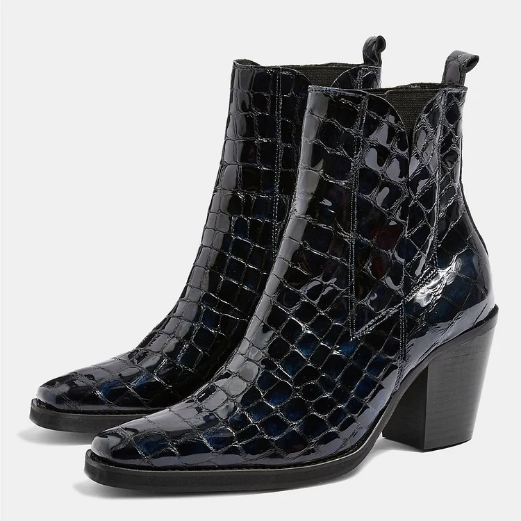 Black Textured Block Heel Ankle Western Booties |FSJ Shoes