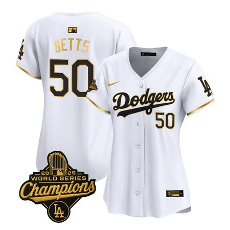 Women's Los Angeles Dodgers #50 Mookie Betts  White Golden 2025 World Series Champions Home Limited Jersey