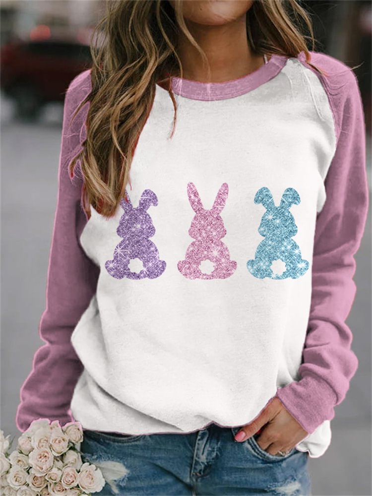 Comstylish Easter Glitter Bunnies Contrast Color Sweatshirt