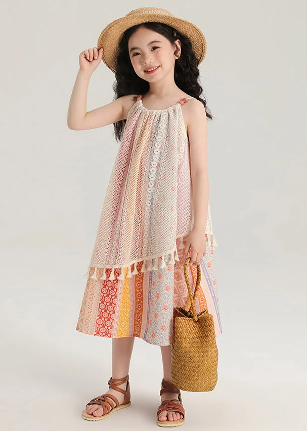 New Print Tasseled Hollow Out Knitting Cotton Girls Dress Sleeveless