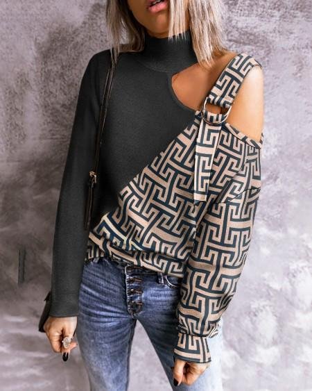 Patchwork Geometry Print Cold Shoulder Top