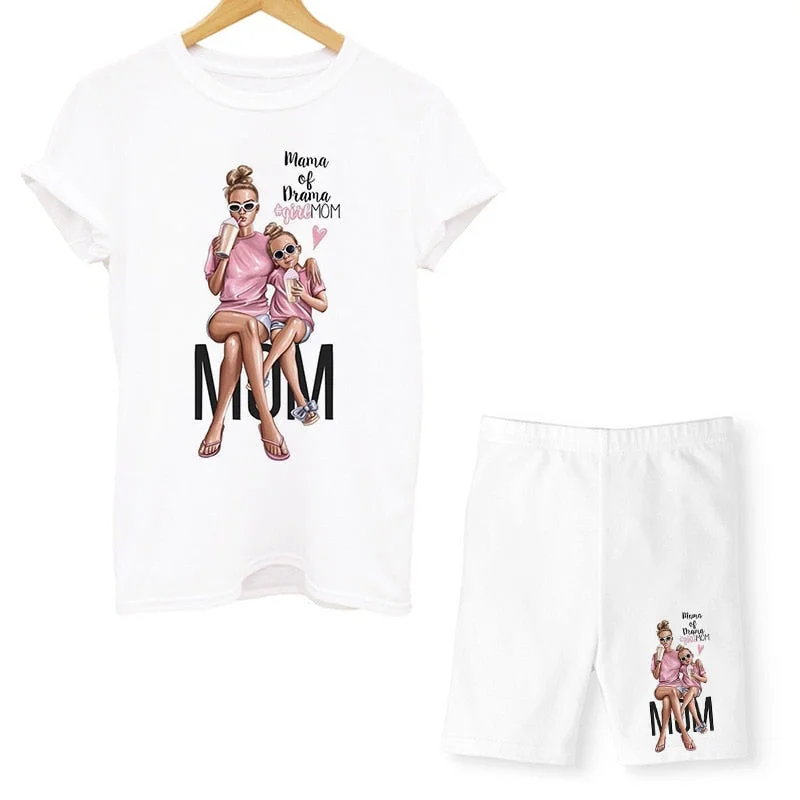 Women Two Piece Set Super Mom Tshirts & Shorts Set Summer Short Sleeve Jogging Biker Shorts Sexy Outfit For Woman Track Suit