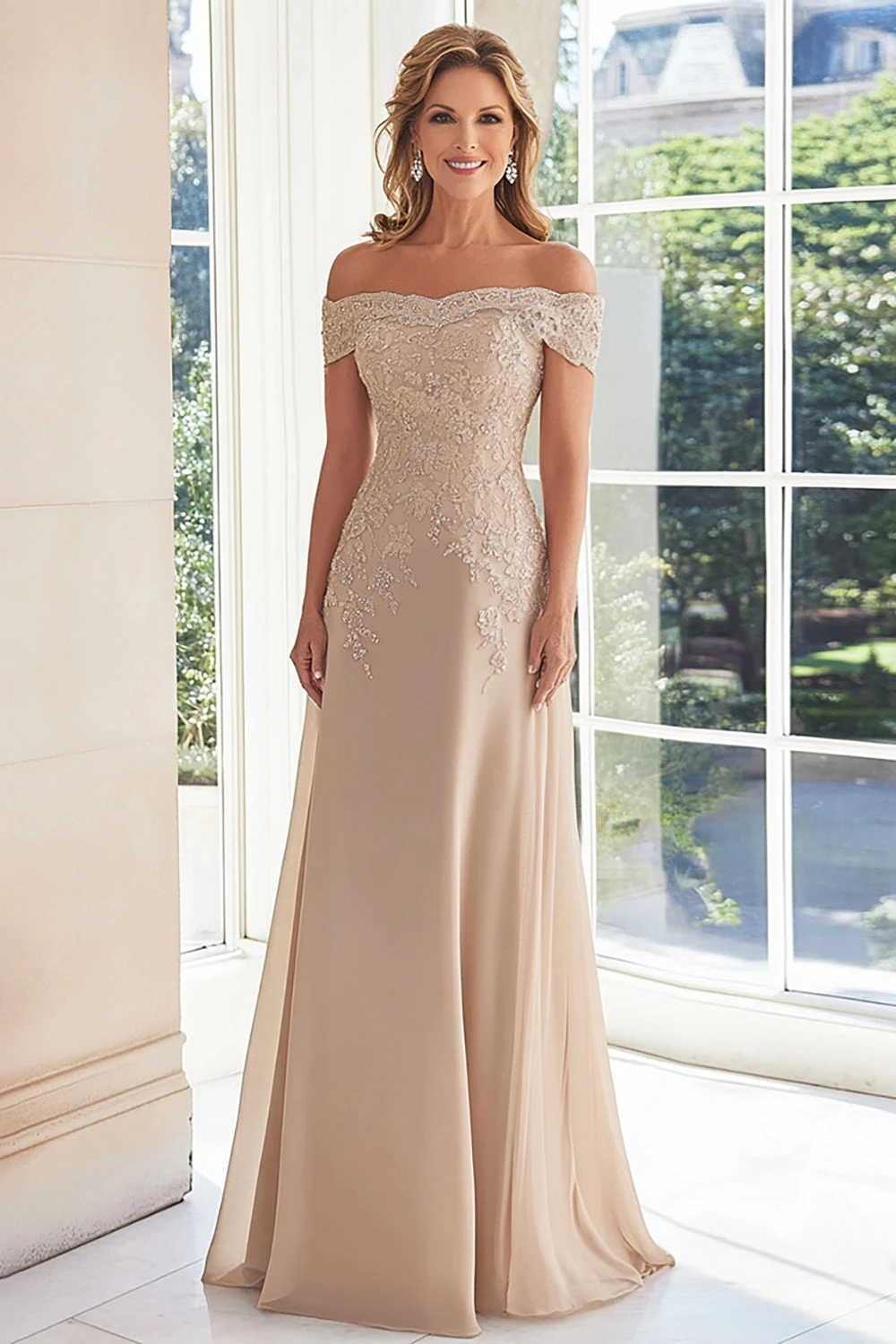 Daisda Chiffon Beaded Embroidery Off-The-Shoulder Long Sheath Mother Of The Bride Dress