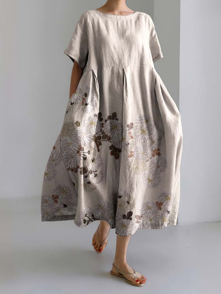 Comstylish Vintage Floral Printed Linen Blend Midi Dress