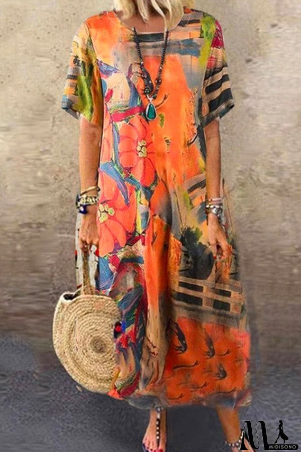 MidiSono - Short Sleeve Graphic Printed Loose Dress