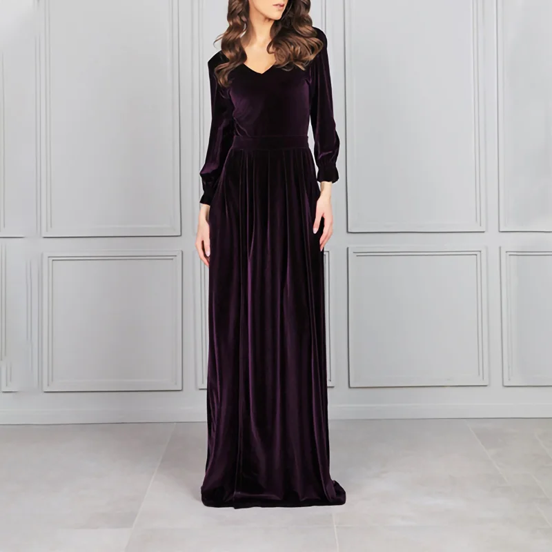 V-neck Elegant Solid Color Stylish Velvet Long Dress