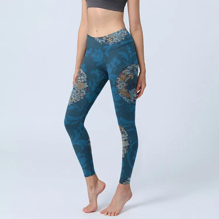 Dark Blue Flowers In Bloom Print Sports Leggings Women's Yoga Pants