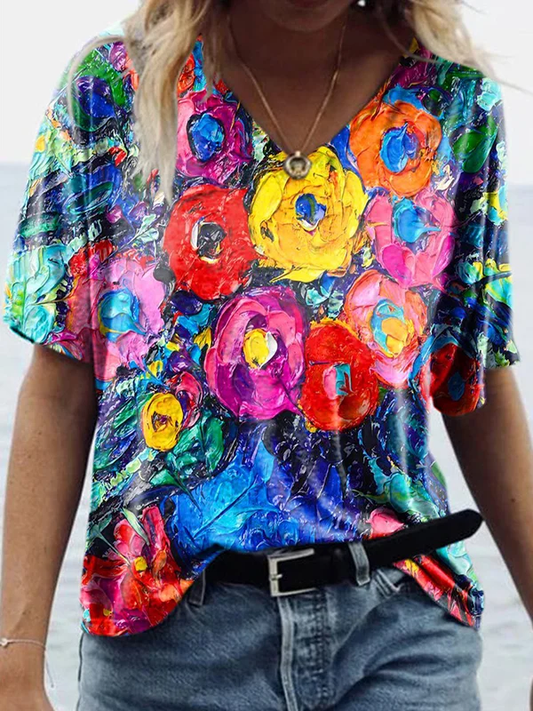 Floral Printed Short-Sleeve Loose Fit Tee