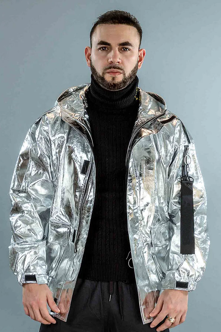 Ciciful Shiny Reflective Metallic Coated Fabric Zipper Hooded Jacket With Pockets