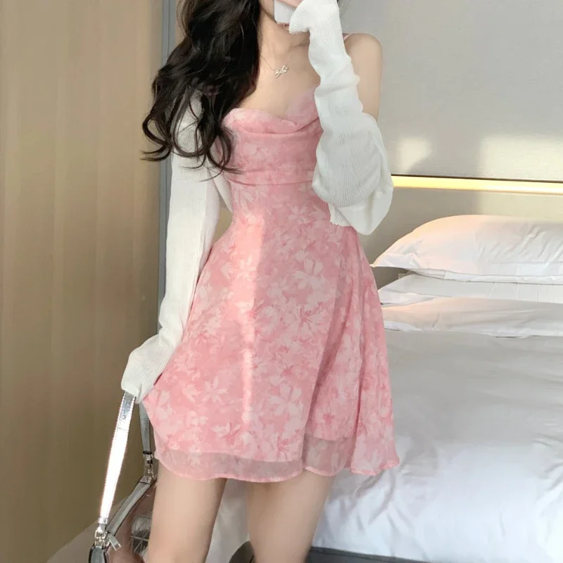 Jangj Pink Chiffon Slip Dress 2022 Spring Summer Sweet Style Dress Korean Style Casual Dress Sexy High-waist Dress for Female