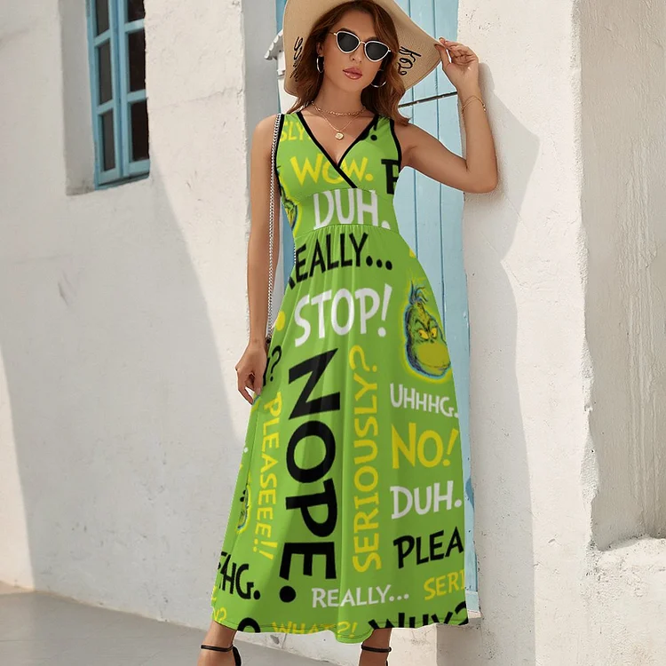 Neon Green Grinch Snarky Phrase Women Sleeveless Deep V Neck Bohemian Maxi Dress Loose Long Dresses - Heather Prints Shirts
