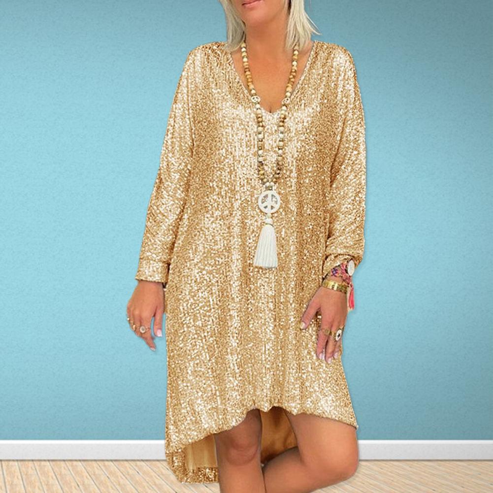 Mature Women Casual Solid Color Loose Pullover Sequined Shirt V-neck Long Dress