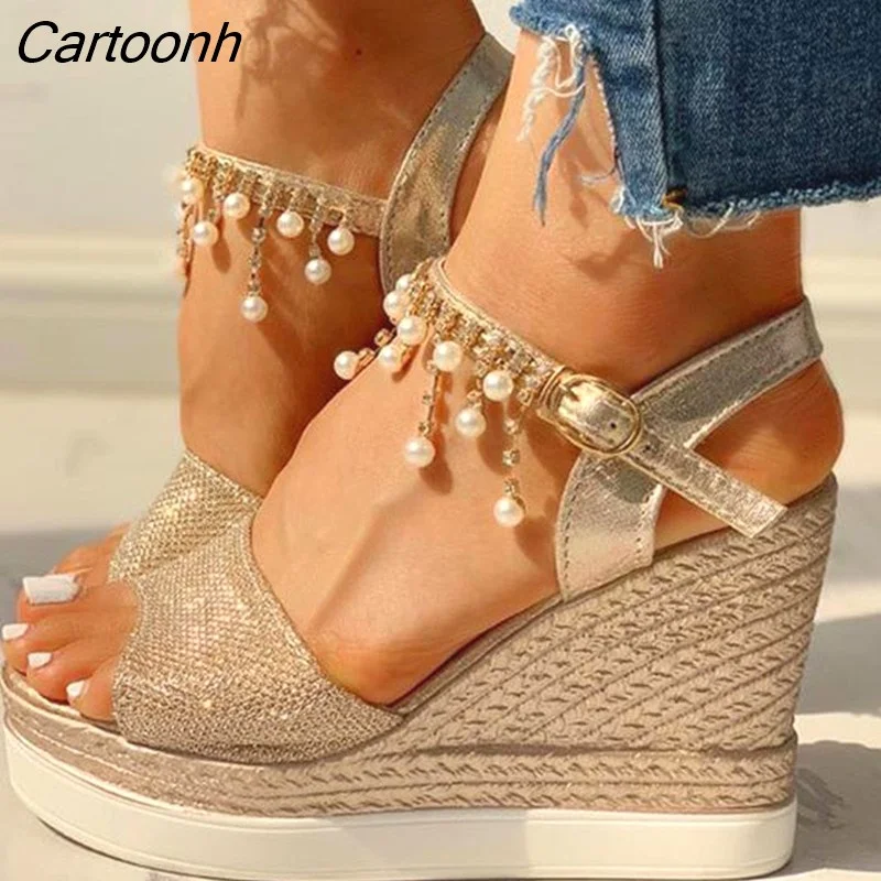 Cartoonh New Women Wedge Sandals Summer Bead Studded Detail Platform Sandals Buckle Strap Peep Toe Thick Bottom Casual Shoes Ladies 328-1