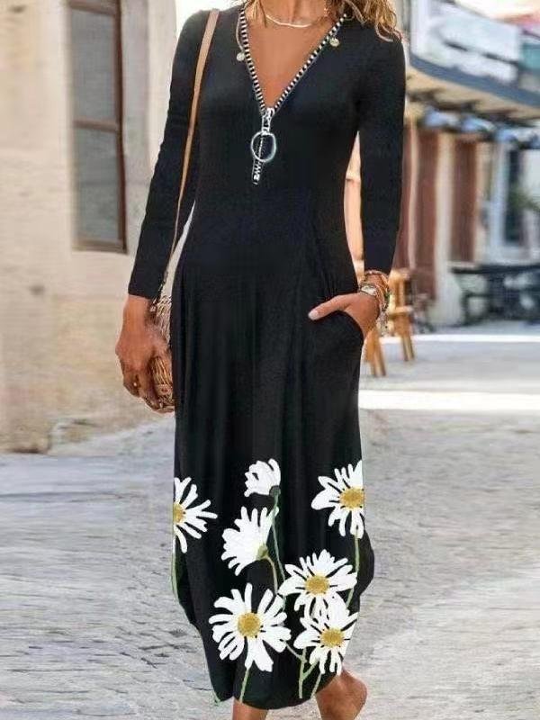 Casual Zipper V-Neck Flower Print Long Skirt