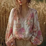 Bohemian Retro Countryside Style Plant Flower Design Cotton And Linen Women's Long-sleeve Shirt - Image 2