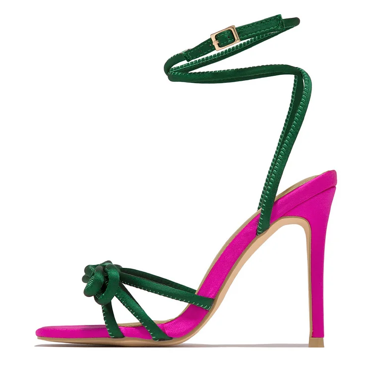 Pink & Green Square Toe Shoes Bow Strap Heels Sandals for Women |FSJ Shoes