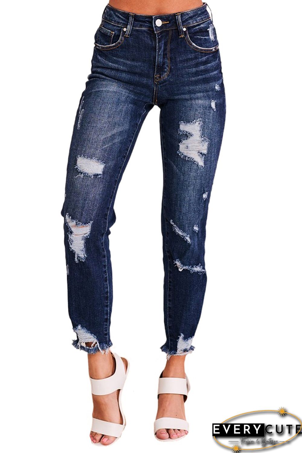 High Waist Cropped Distressed Ripped Jeans with Pockets