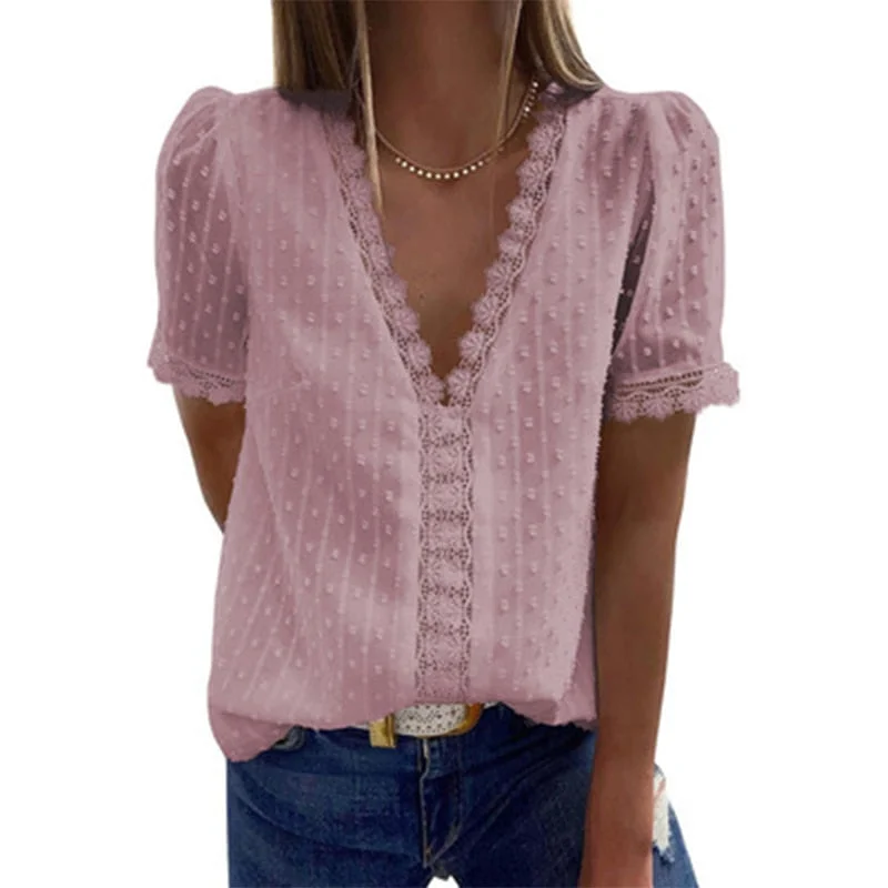 Lace Patchwork V-neck Solid Women Chiffon Blouse Short Puff Sleeve Loose Ladies Blouses Summer Casual Female Tops 2021 Fashion