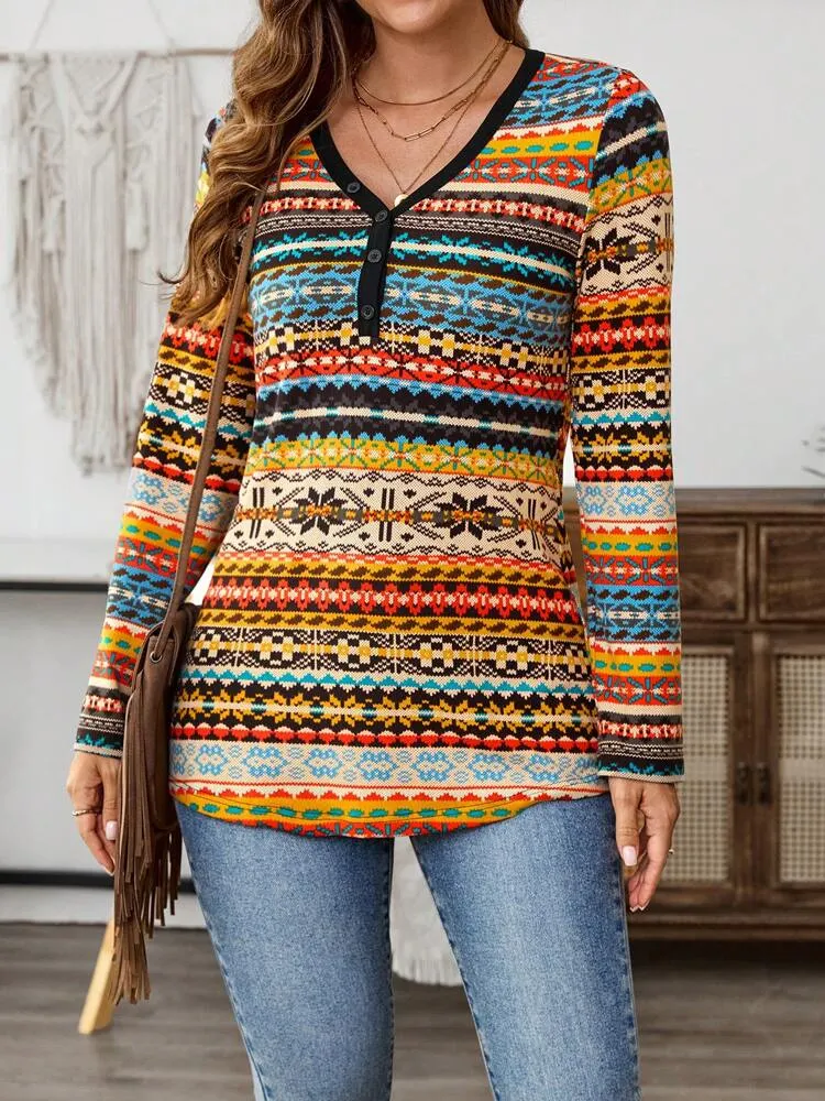 Women's Spring Summer V-Neck Long Sleeve Casual Geometric Print T-Shirt