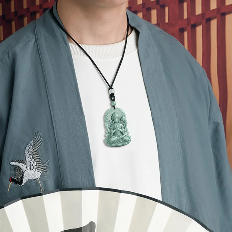 Four-armed Kwan Yin Avalokitesvara Natural Jade Abundance String Necklace Pendant