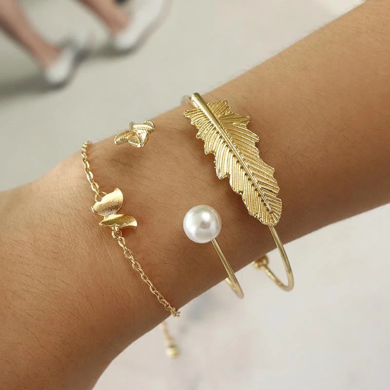 Women plus size clothing 3 Pieces Butterfly Pearl Leaf Geometric Bracelet Sets Wholesale Cheap Jewelry-Nordswear