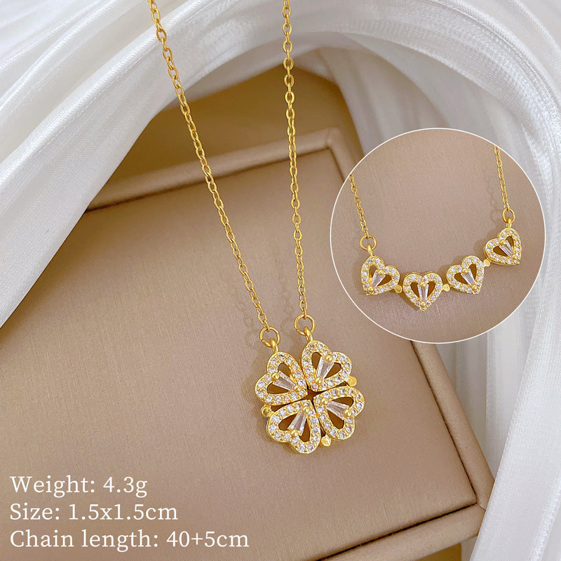 Women’S Necklace Two-Piece Heart-To-Heart Opening And Closing Four-Leaf Flower Full Diamond All-Match Clavicle Chain Titanium Steel