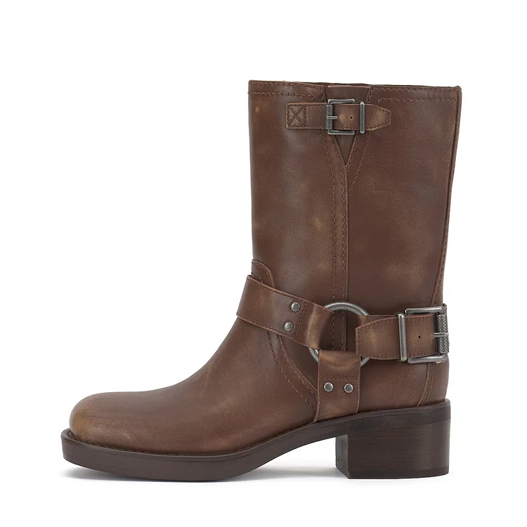 Brown Square Toe Ring Buckle Mid-Calf Women's Motorcycle Boots |FSJ Shoes