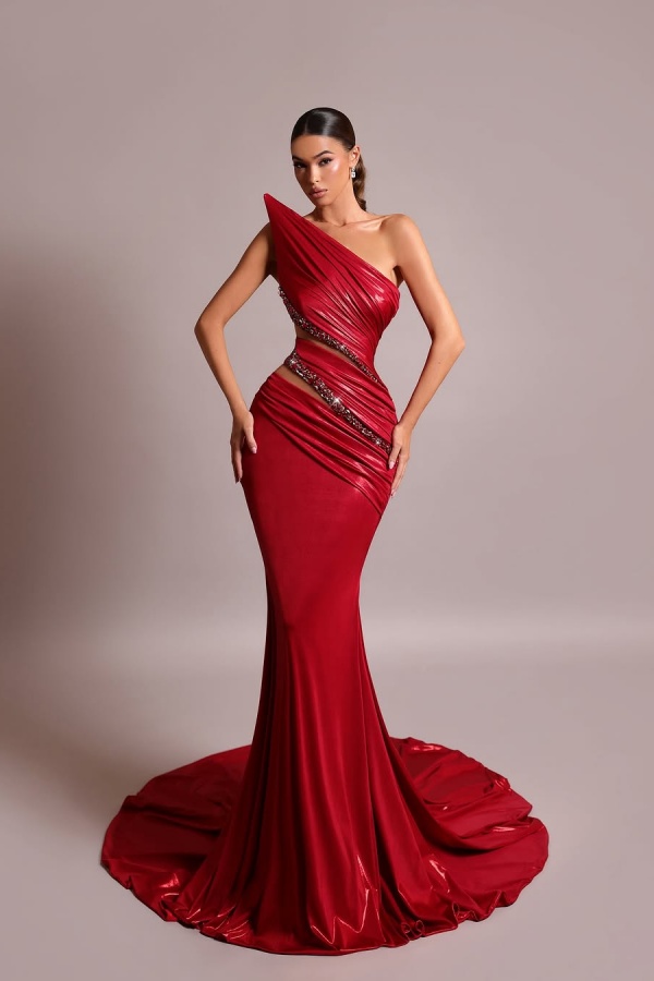 Red Strapless Long Prom Dress Mermaid Sleeveless with Sequins QL0088