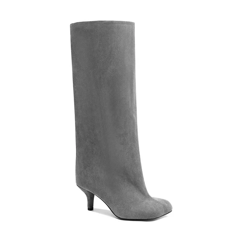 80mm Women's Suede Boots Square Toe Stiletto Heel  Knee Boots-MERUMOTE