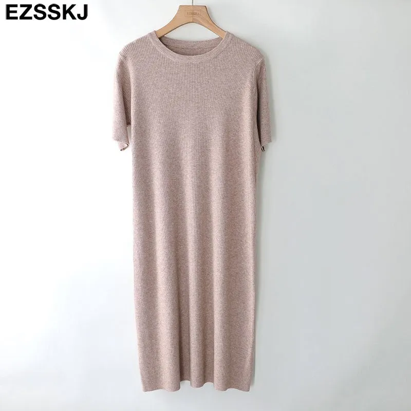 short sleeve straight spring autumn straight maxi sweater dress women o-neck long knit  dress elegant female loose knit dress