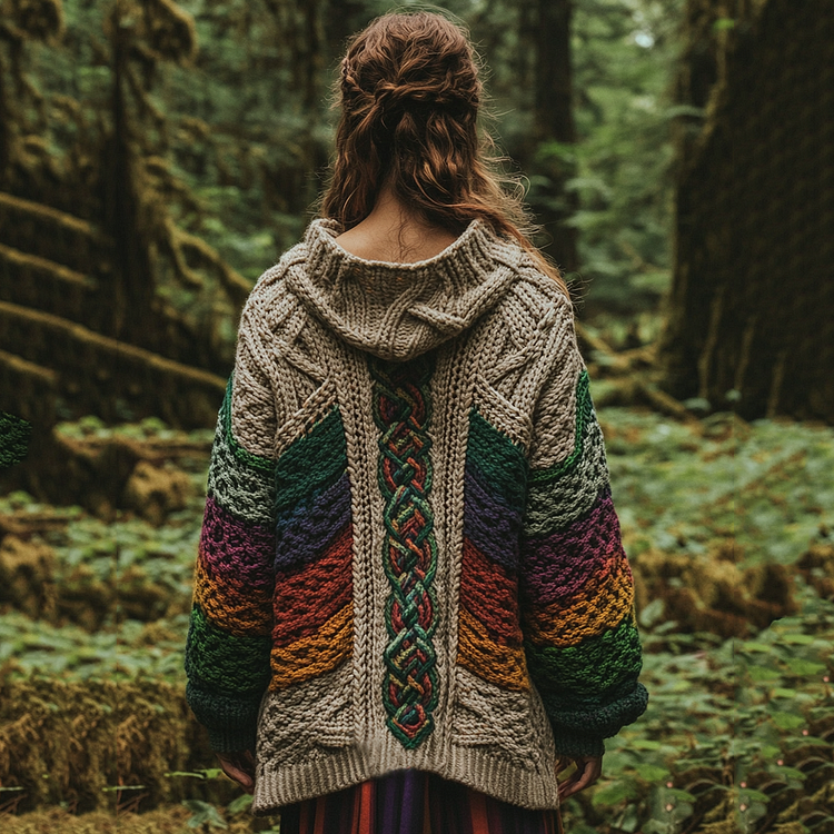 VChics Women's Celtic Knot Retro Rainbow Chunky Knit Hooded Cardigan