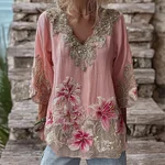 Vintage Pink Lily Glitter Lace Flowy Linen Tunic - Image 2