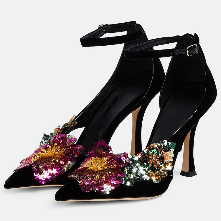 Black Velvet Pointy Toe Stiletto Heels Sequin Flower Ankle Strap Pumps |FSJ Shoes