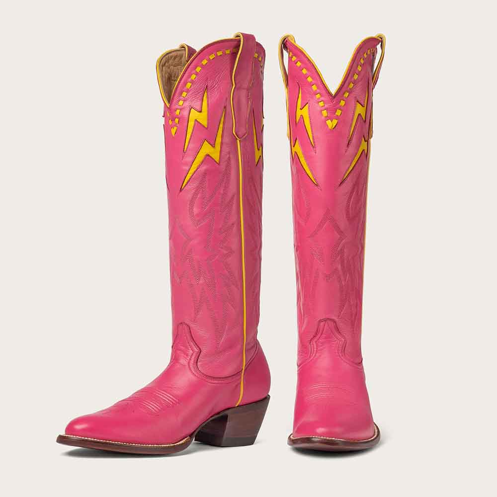 Pink Round Toe Chunky Heel Embroidered Wide Calf Cowgirl Boots Nicepairs